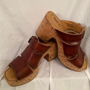 Born Brown Leather Mules with Wooden Heel